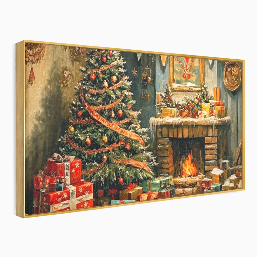 Tablou canvas cu pictura cu brad de craciun si semineu, in rama de aluminiu auriu